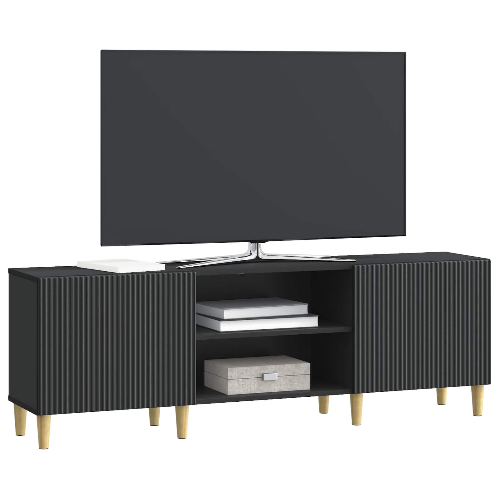 Mobile TV Nero in Legno Ingegnerizzato 150 x 31 x 50 cm con Ripiani e 2 Porte a Cerniera, Supporto Versatile per Soggiorno, Tavolino e Consolle per Televisore