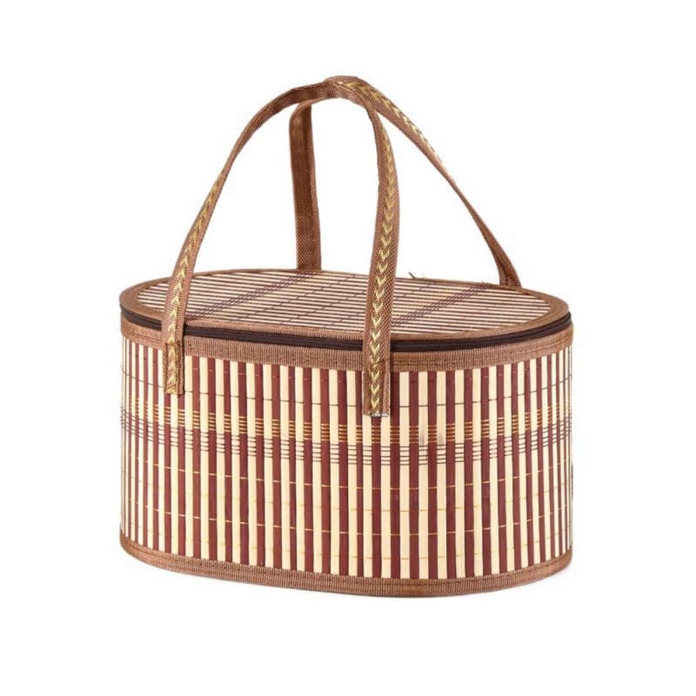 View 1 of ***MISSING TOO, LOOKS BROKEN***Handmade Bamboo Picnic Basket, Portable Foldable Outdoor Picnic Box for Beach Camping | Natural Snack Storage | Fruit Basket(Coffee)