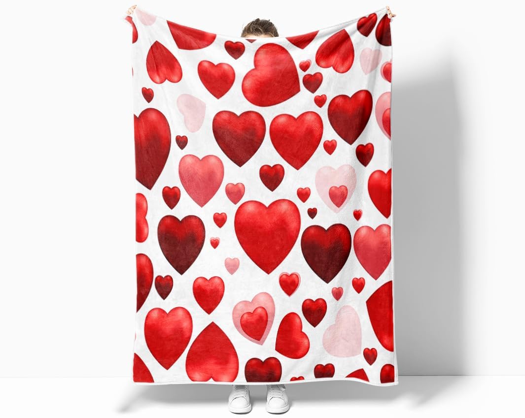 Fleece Throw Blanket Valentines Day Flannel Throws for Women Girls Gifts, Romantic Red Rose Floral Soft Warm Large Throw Blanket for Bed/Couch/Sofa (Heart, 50X60)