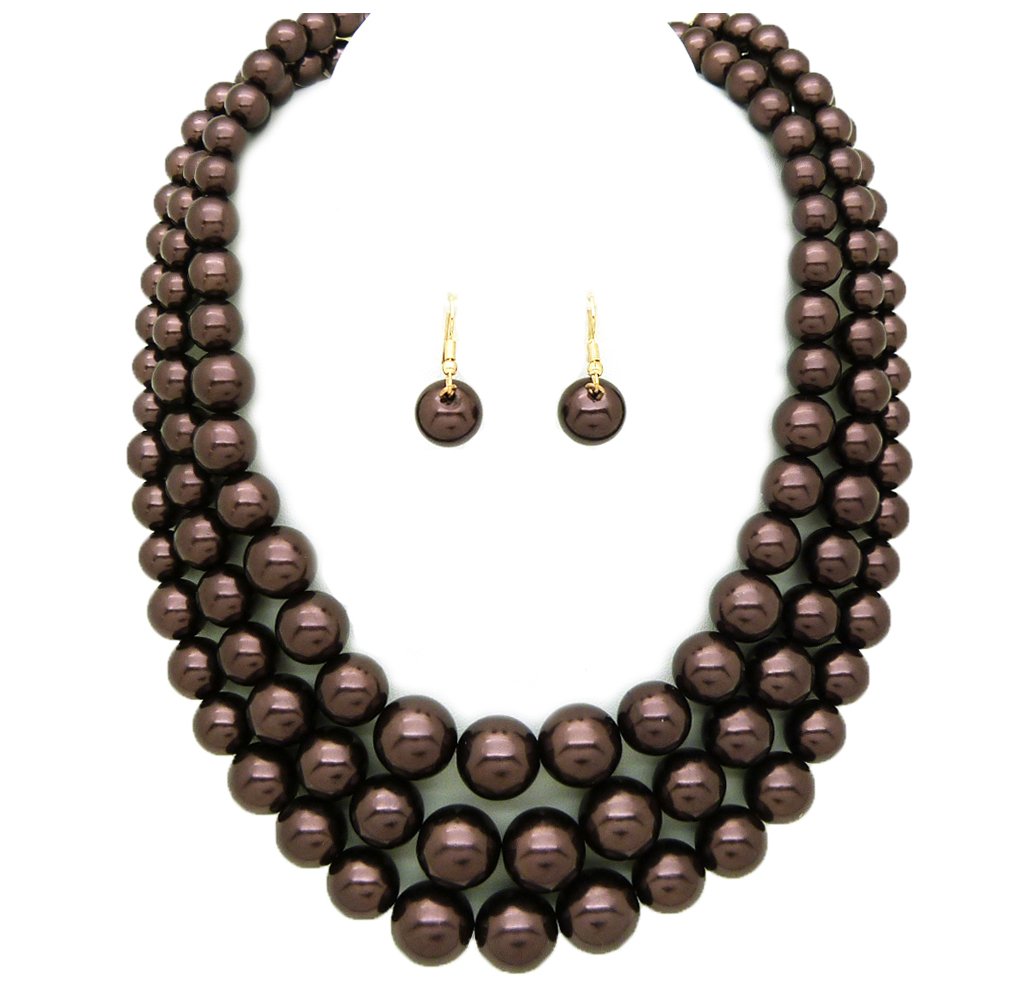 Photo 1 of Fashion 21 Women's Faux Pearl Three Multi-Strand Statement Necklace and Earrings Set (Dark Brown)