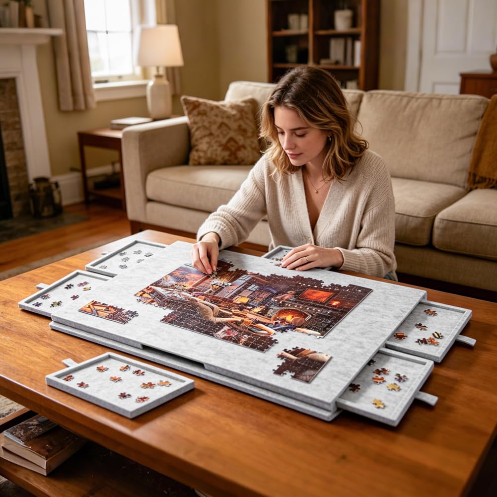 Przechylany stół do puzzli, przenośna deska do puzzli z 6 szufladami, lekka filcowa platforma puzzli, przenośny stół do gier, do 1000 elementów (srebrno-szary)