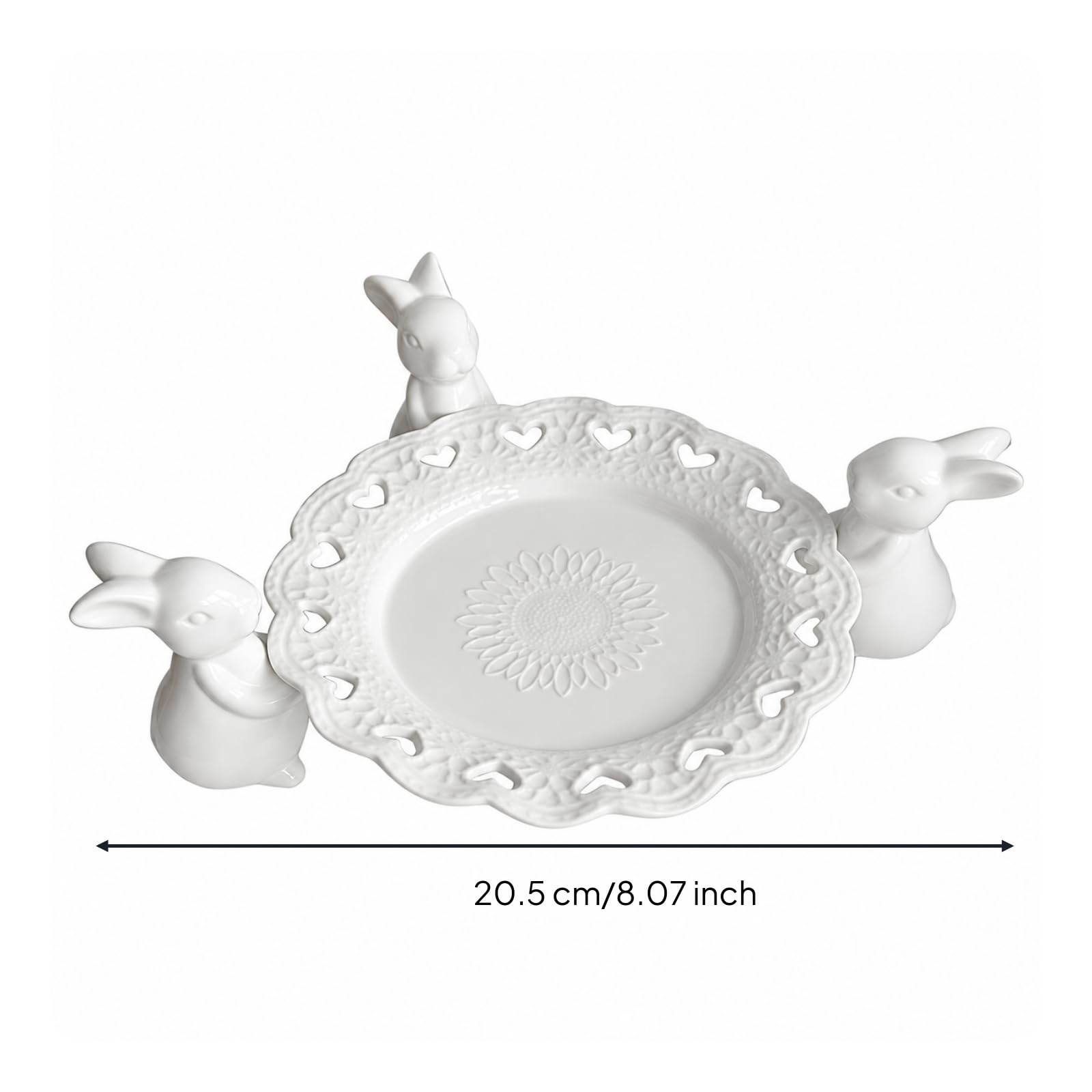 Banja Elevada con Soportes Conejo Plato con BOR Ondulado y Recortes Corazón Brillante Fuente Motivo Floral en Relieve, 3 Conejos 8IN