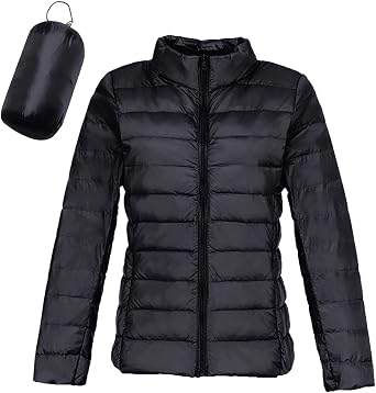 Packable Puffer Jacket Women Lightweight Short Down Jackets Long Sleeve Zip up Stand Collar Winter Warm Outwear