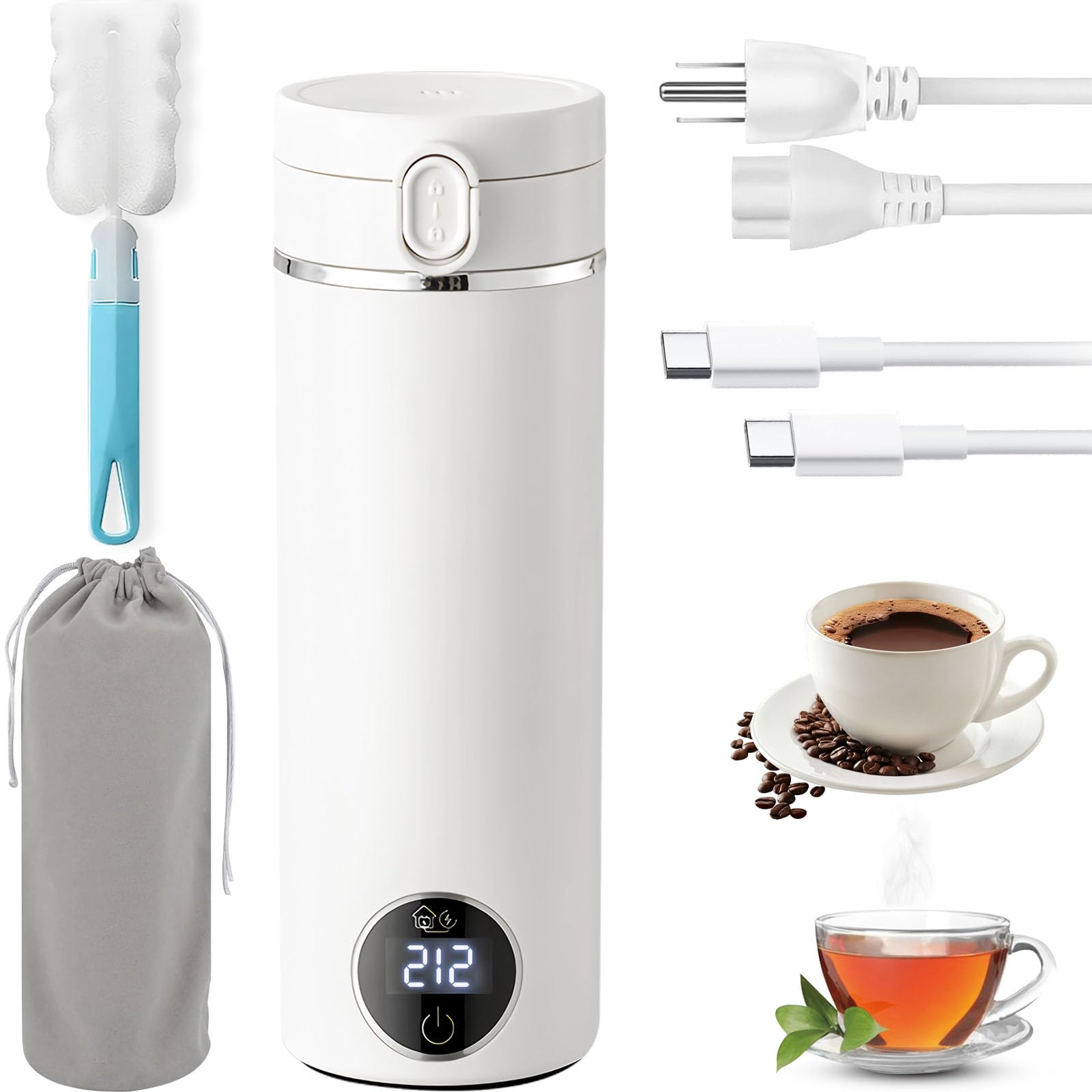 Bouilloire électrique portable de voyage de 500 ml avec USB-C (23 W-100 W), mini chaudière à eau chaude 120 V à brancher pour garder au chaud, 6 réglages de température, Termo Electrico Portatil pour