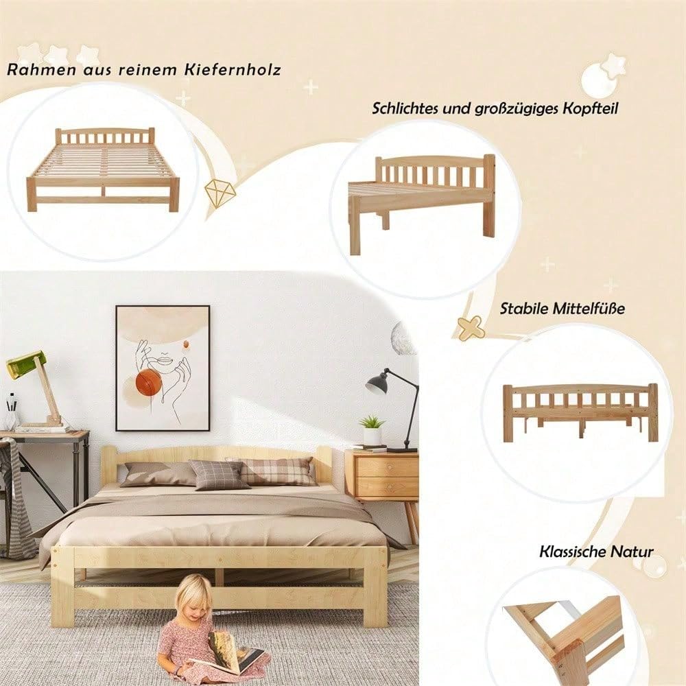 Letto in legno massello, 140 x 200 cm, naturale, letto matrimoniale futon con testiera, con rete a doghe, per ragazzi e adulti