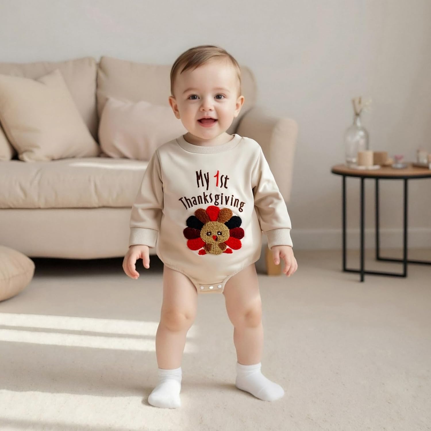 Giraropa My First Thanksgiving Baby Boy Outfit Smocked Bubble Romper Ruffle Jumpsuit Cute Newborn Infant Fall Winter Clothes - Image 6