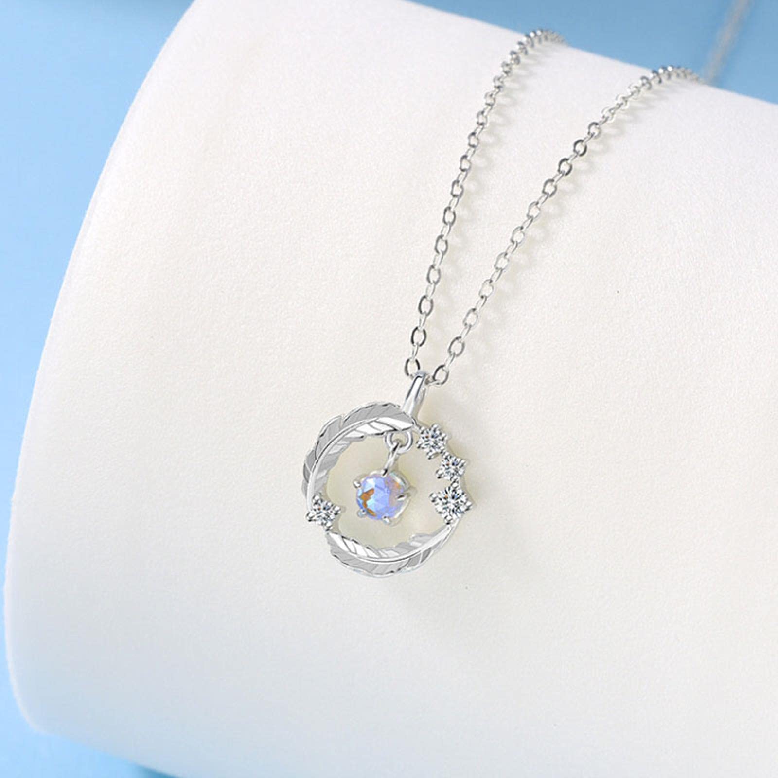 HCMA 925 Sterling Silver Moonstone Feather Pendant Necklace for Women Jewelry Gift