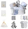 CREVENT Gift Set for Girls Boys - Nappy Caddy Organiser Basket with 2 Blankets 1 Taggie 1 Lovey 3 Socks 2 Baby Bodysuits 1 Gift Bag with Bow - Newborn Essential Baby Shower