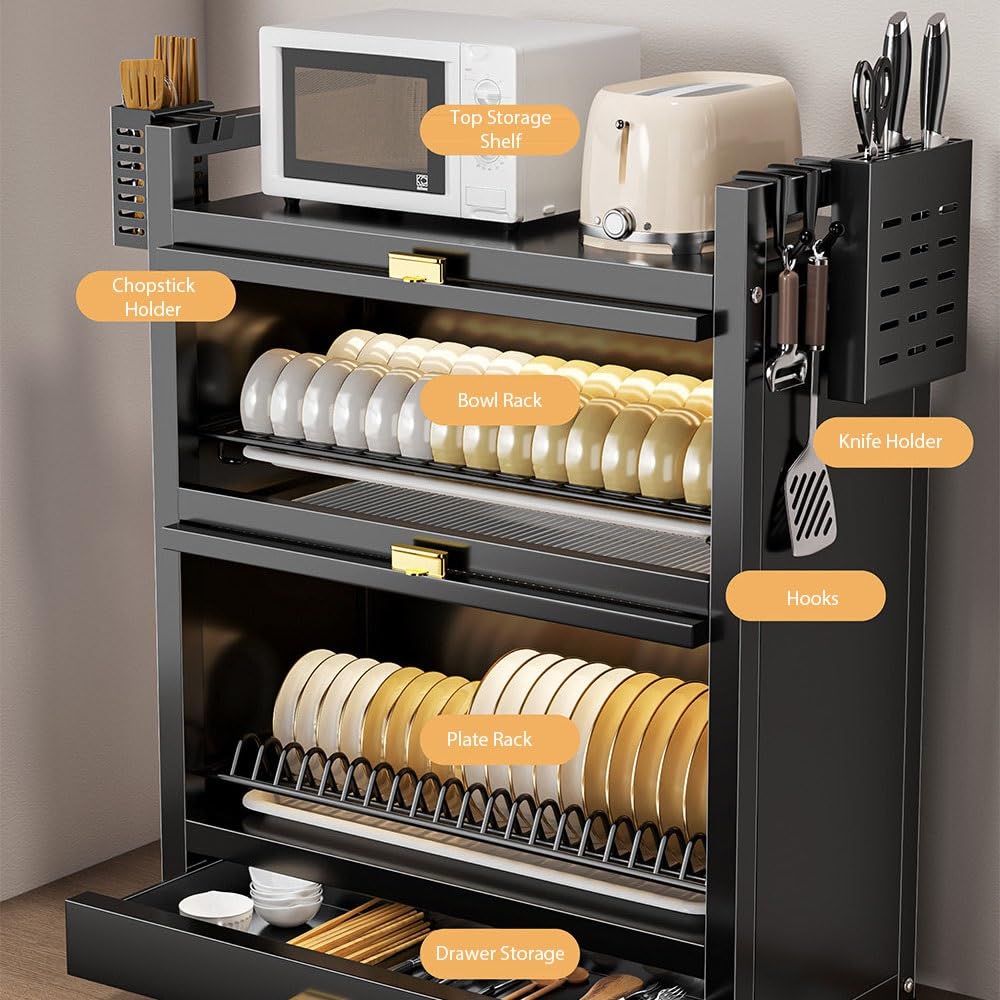 Organizador de fregadero de cocina con puerta abatible, estante de almacenamiento de 2 niveles, estante ajustable para platos, vasos, cuencos y cubiertos, organizador de cocina multifuncional