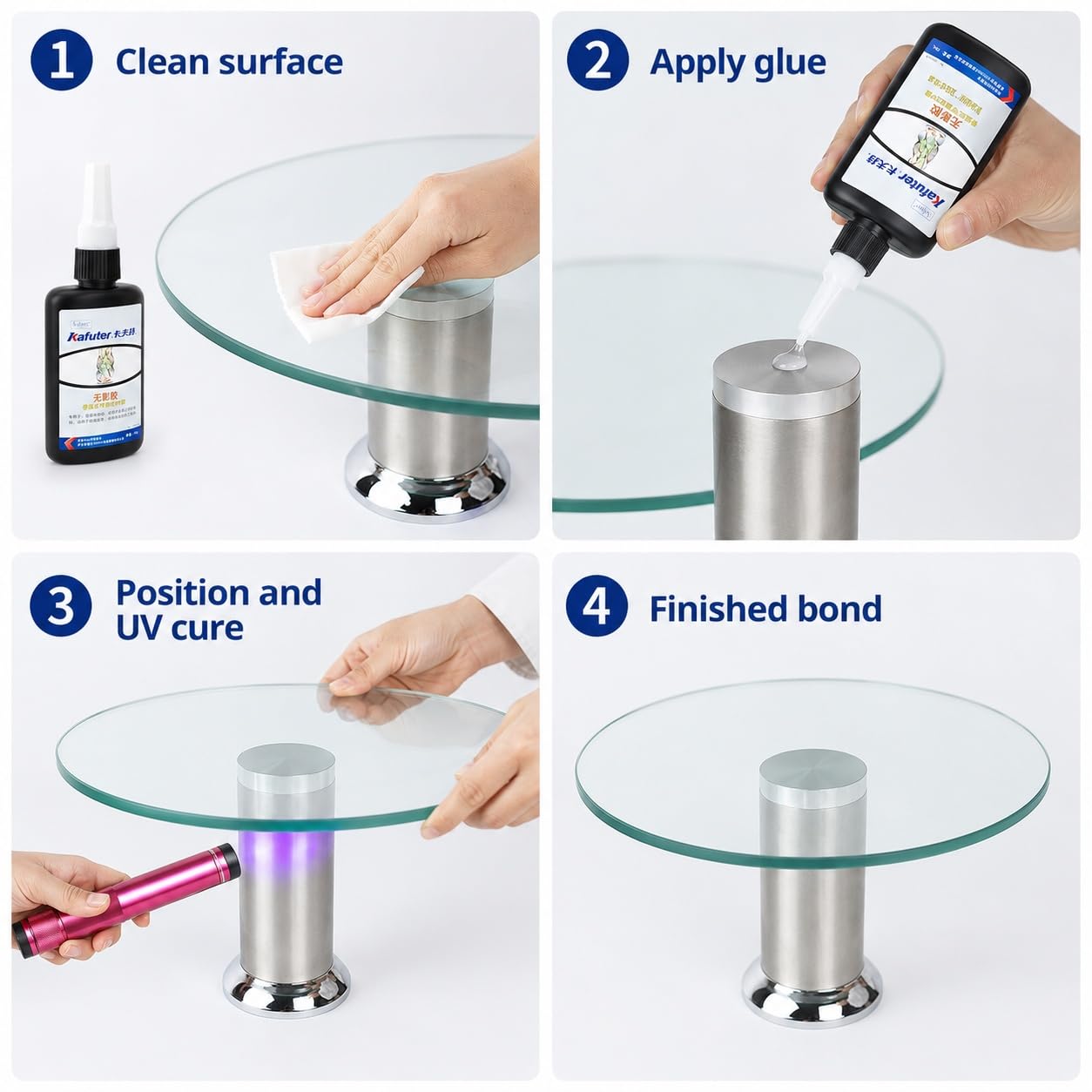 VIDOO Kafuter Adhesivo Profesional Curado UV para Unión Adornos Vidrio, Fijador Impermeable para Unión Vidrio y Piedra, Mástica Estructural Invisible Montaje Mesas Centro Vidrio, 250g