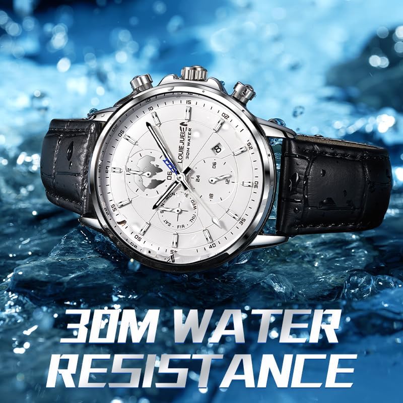 Men's Luxury Chronograph Mechanical Watch 30M Water Waterproof Silver White Dial Black Leather Band Analog Display - Image 5