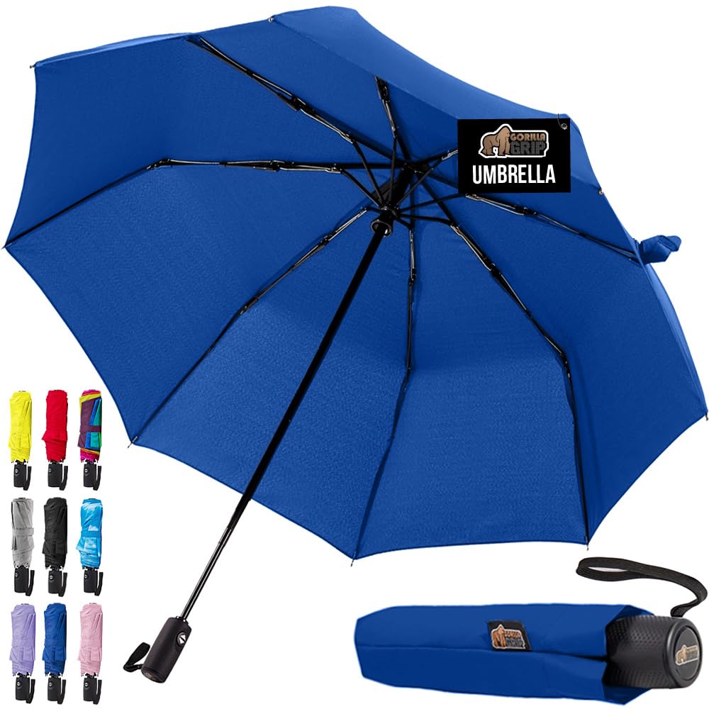 GORILLA GRIPGORILLA GRIP Strong Stick Umbrella for Rain, Compact Travel One-Click Automatic Open Close, Lightweight, Portable, US Designed Reinforced Fiberglass Ribs, Wind Resistant, Easy Collapse, Navy