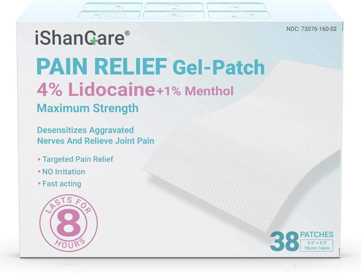 ishancare Lidocaine 4% + Menthol 1% Patches 38 Count Fast Acting Maximum Strength Back Neck, Shoulders, Knees, Elbows Pain Relief - Temporary Nerve & Joint Pain Solution