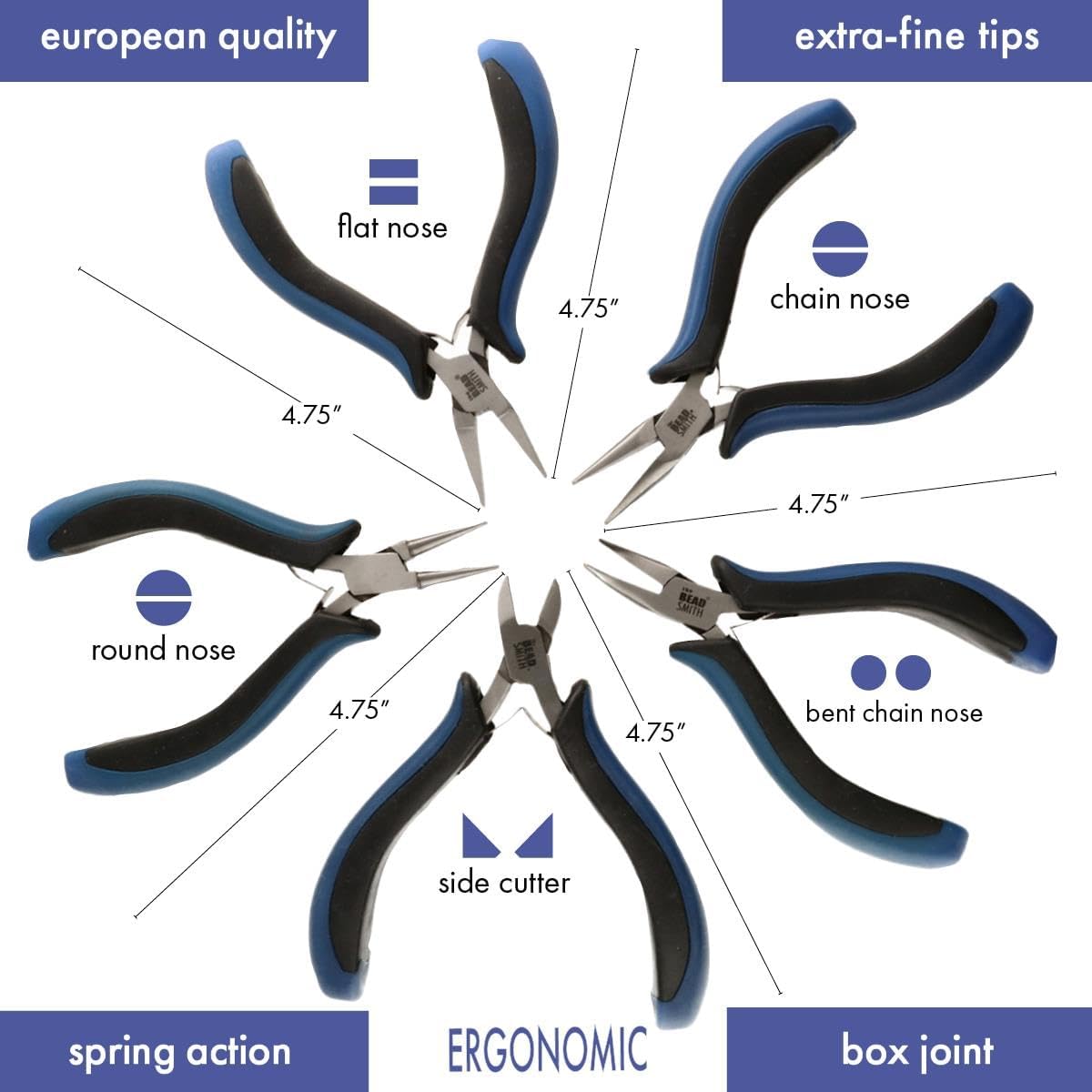 The Beadsmith Ergonomic Plier Set – 5-Piece Kit: Chain Nose, Round Nose, Flat Nose, Bent Chain Nose & Semi-Flush Side Cutter – Extra-Fine Tips, Comfortable Ergonomic Grip & Double-Leaf Springs