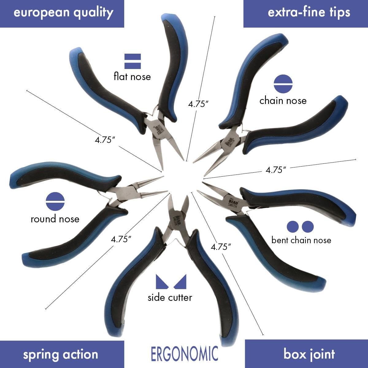 The Beadsmith Zestaw szczypiec ergonomicznych – 5-częściowy zestaw: nosek łańcuchowy, okrągły nos, płaski nos, wygięty nosek łańcuchowy i półprzezroczysty nóż boczny - bardzo cienkie końcówki, wygodny