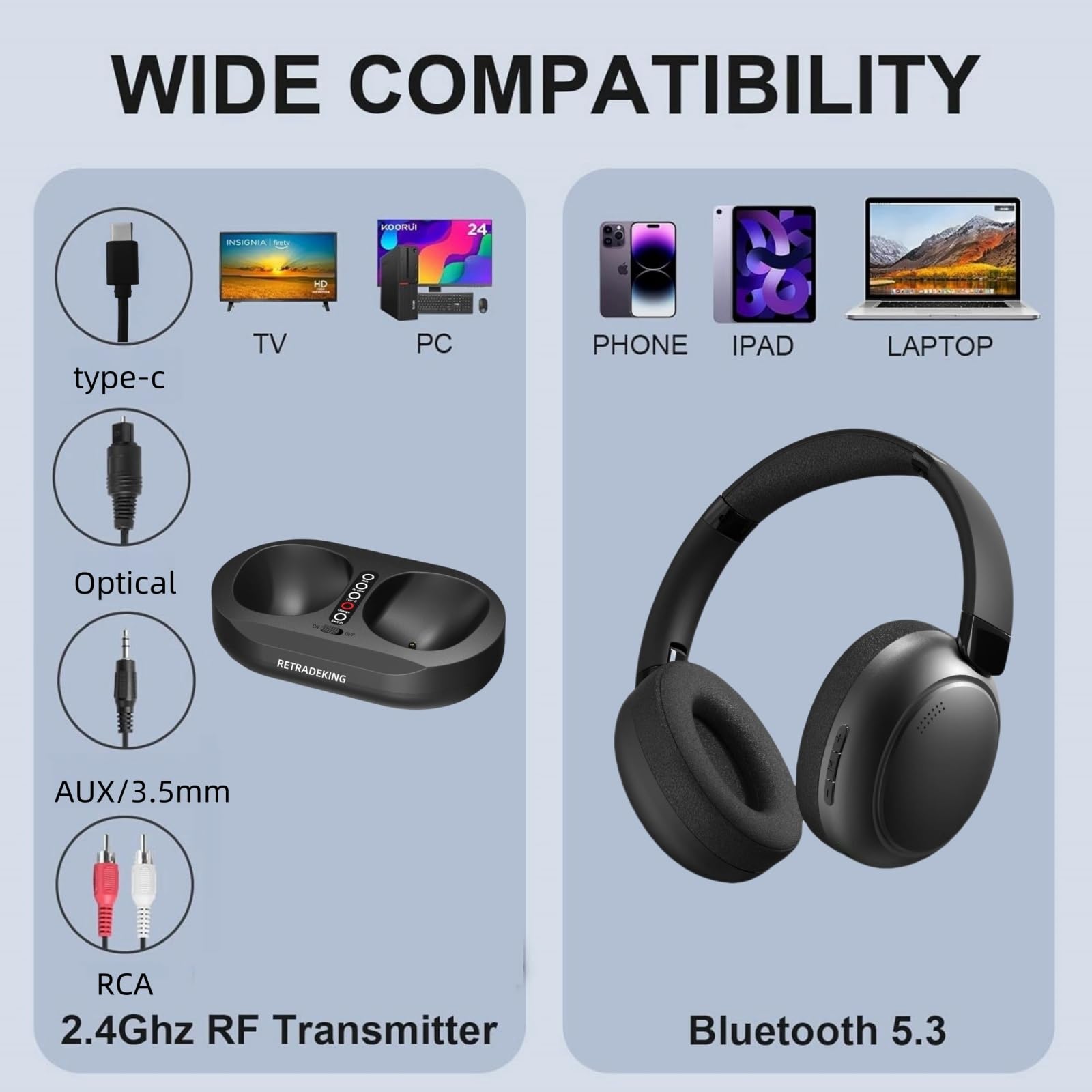 Cuffie TV Senza Fili Over-Ear, Dock di Ricarica Trasmettitore, Bluetooth da 50 Ore, Compatibili con Tutte le TV