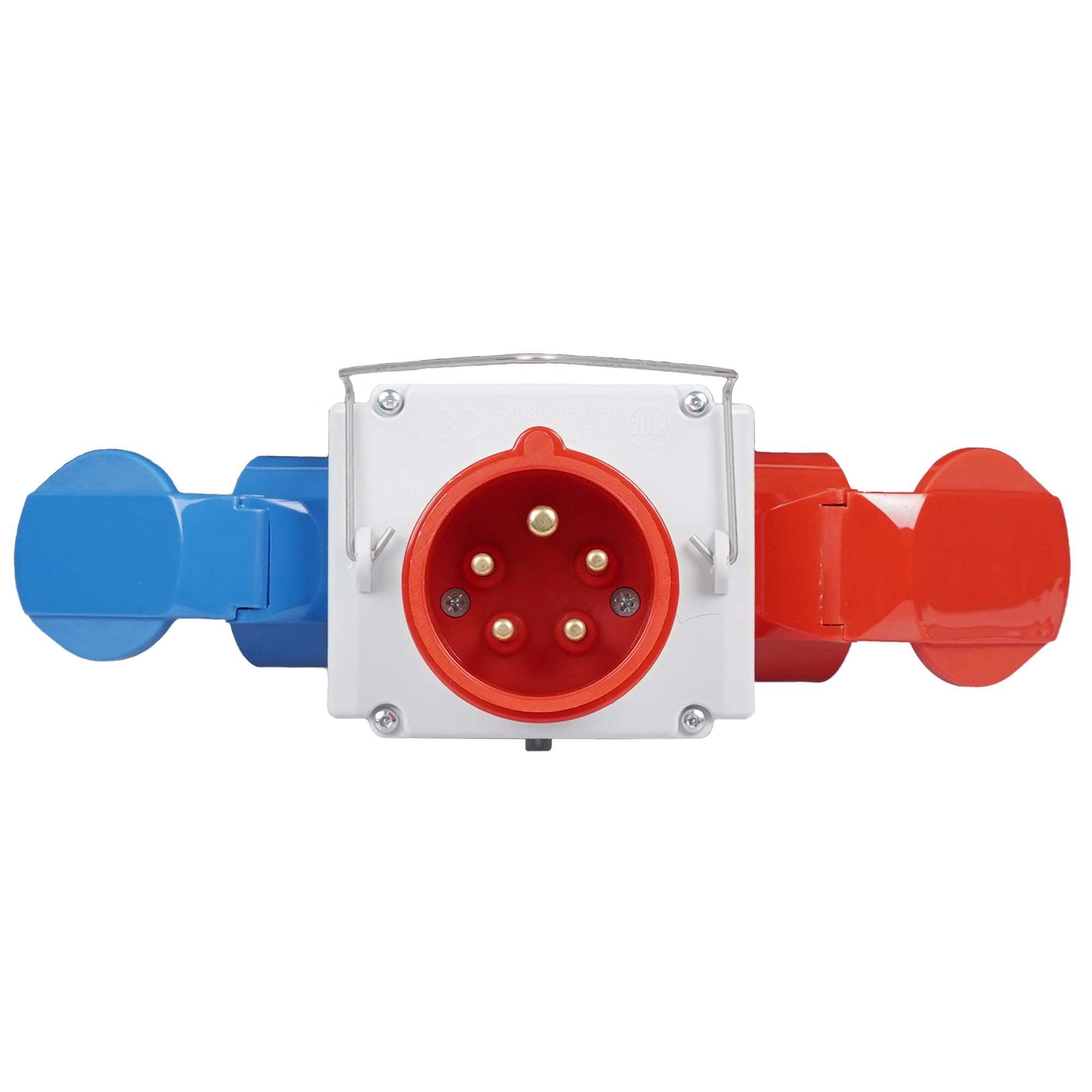Adaptador industrial doble enchufe Color 3P + N + T 16 A CEE roja 400 V – IP44. Toma Color 1 x 2p + t 16 a Azul IP44 – 1 x 3P + T 16 A Rojo IP44.