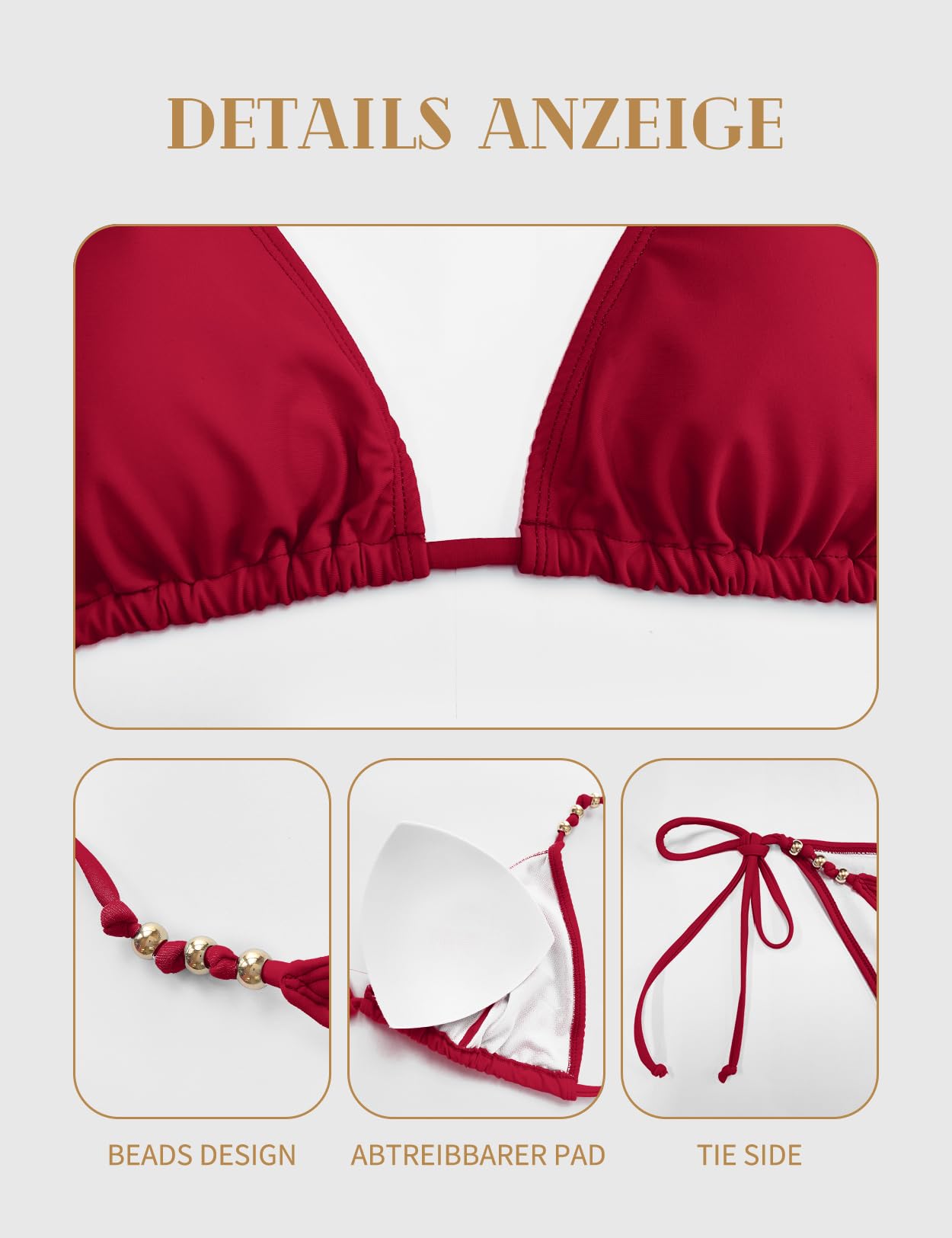 Zilcremo Bikini da donna, sexy, a vita bassa, triangolare, allacciatura al collo, con perline, perizoma e perizoma
