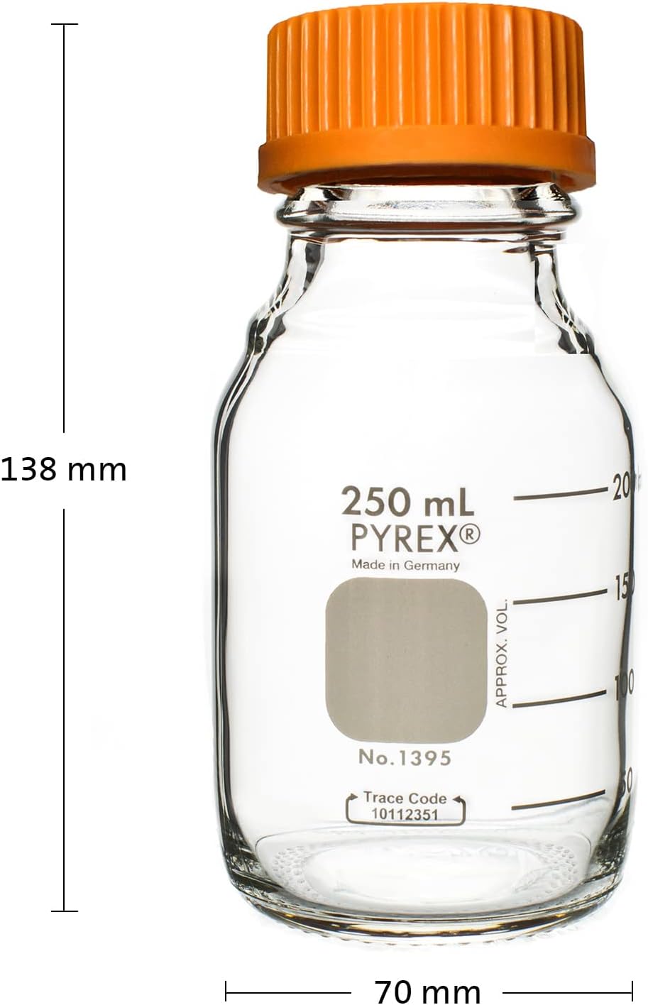 Pyrex Round Media Storage Bottle with GL45 Screw Cap - Borosilicate Glass Bottles with Caps - Premium Scientific Glassware for Labs, Classrooms or Home Use Glass Container, 250mL, 2/Pk