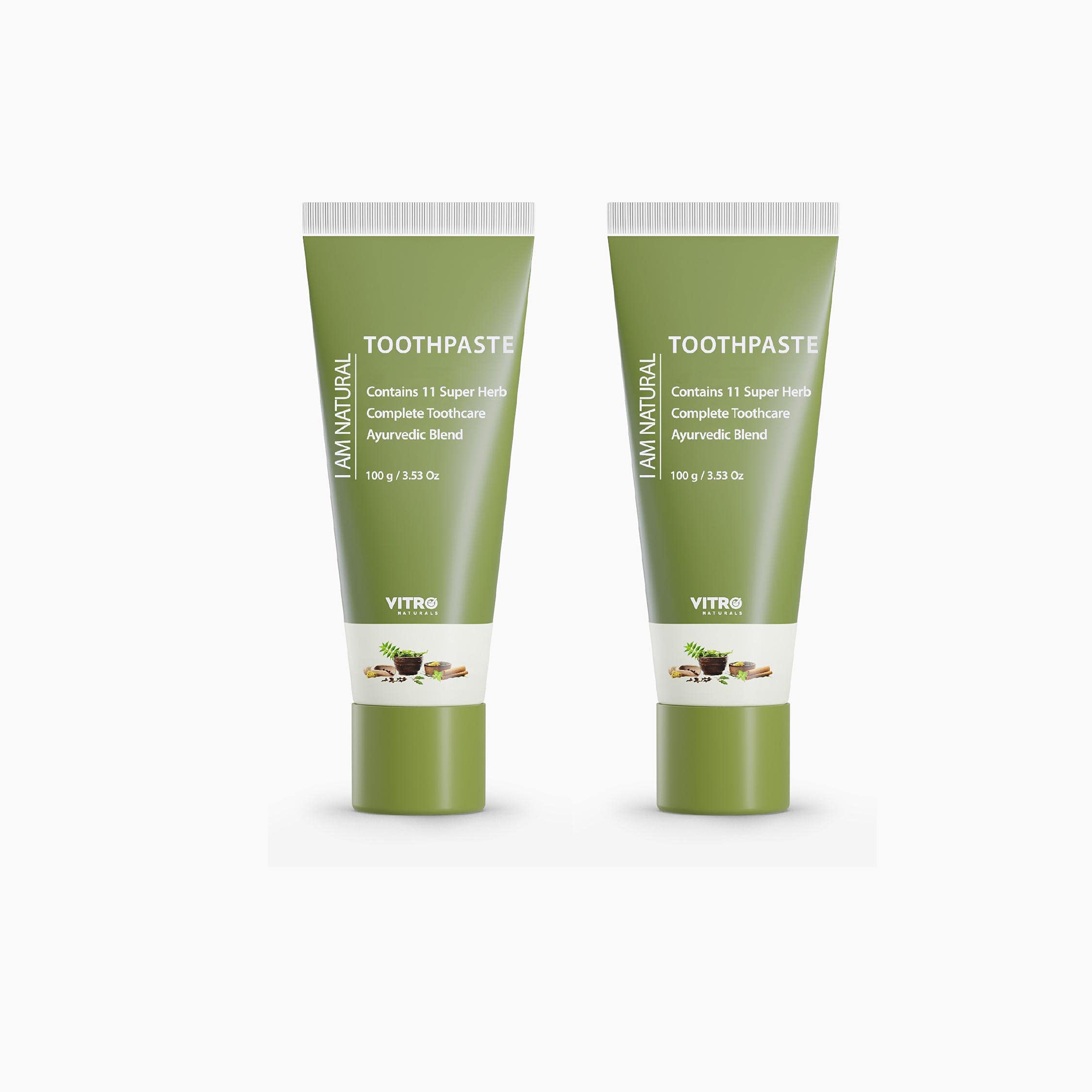 VITRO Toothpaste , This Herbal Paste is made of Babool, Neem, Meswak, Vajradanti, Mint, Clove and other Ayurvedic herbs | Fluoride Free (Pack of 2 X 100gm)