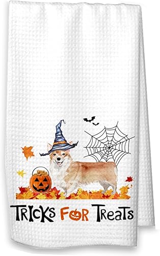 Miniatura 2 de Studio 9Thirty3 Tricks for Treats Corgi Halloween Kitchen Waffle Towel, Corgi Fall Decor for Mom (White Towel, Brown Corgi no Name)