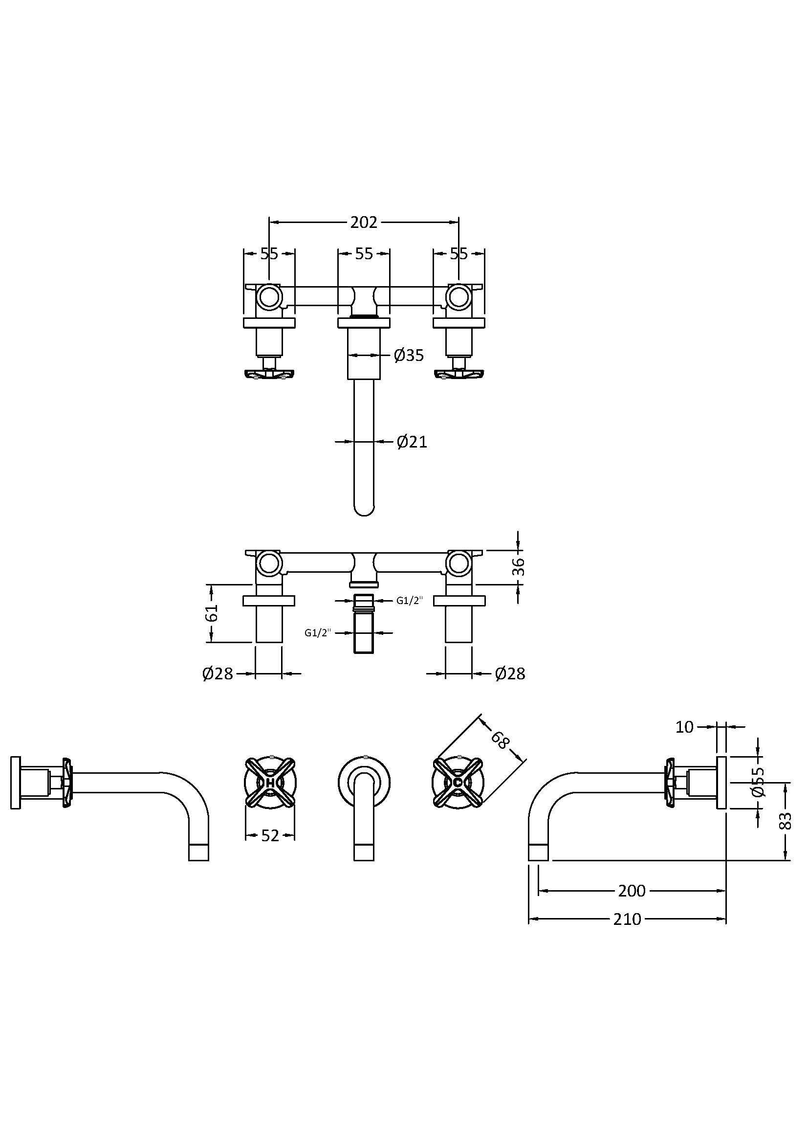 nuie CLX317 Aztec Modern Bathroom Wall Mounted 3 Tap Hole Basin Mixer Tap, 202mm, Chrome - Image 3