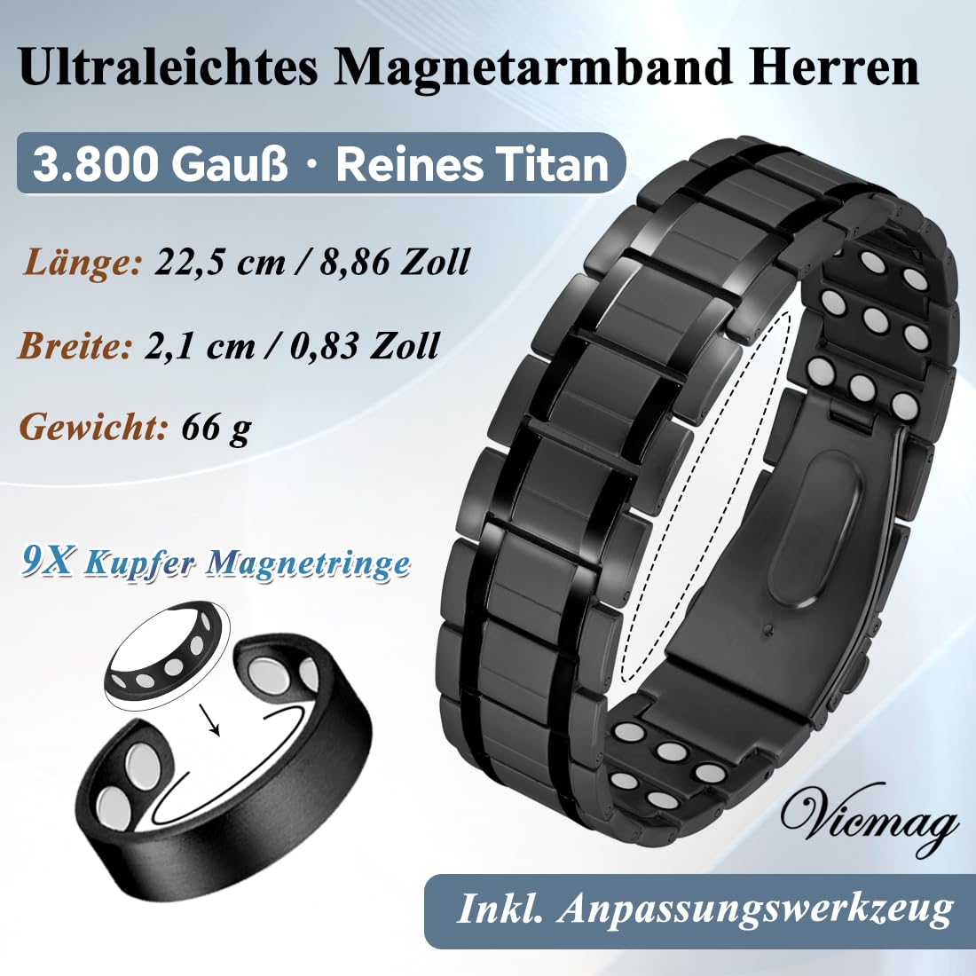 Vicmag Pulsera magnética para hombre con anillo magnético