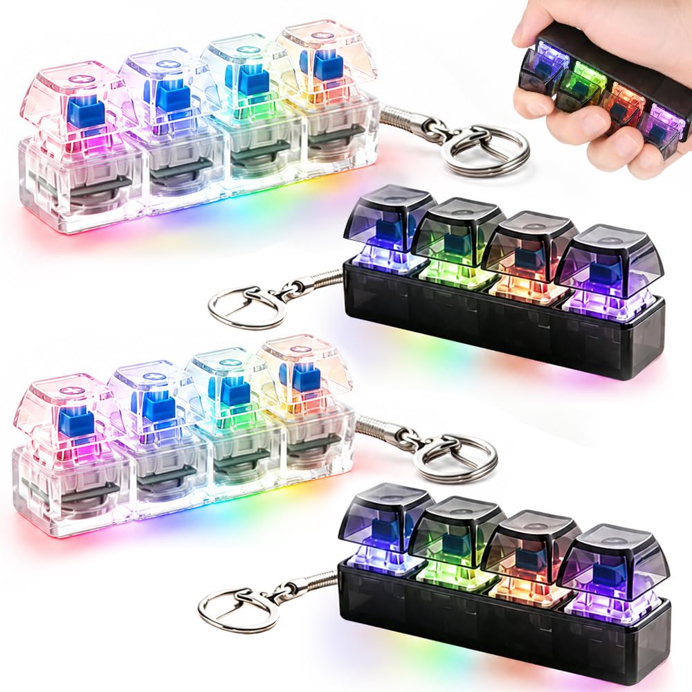 NKFBEV 4 Pcs Keyboard Fidget Toy Light Up, 4-Button Clicker Fidget Toy, Clicky Keyboard Fidget Toy, Keyboard Clicker Fidget Toy with LED Light for Kid Adult Office Travel Daily Stress Relief