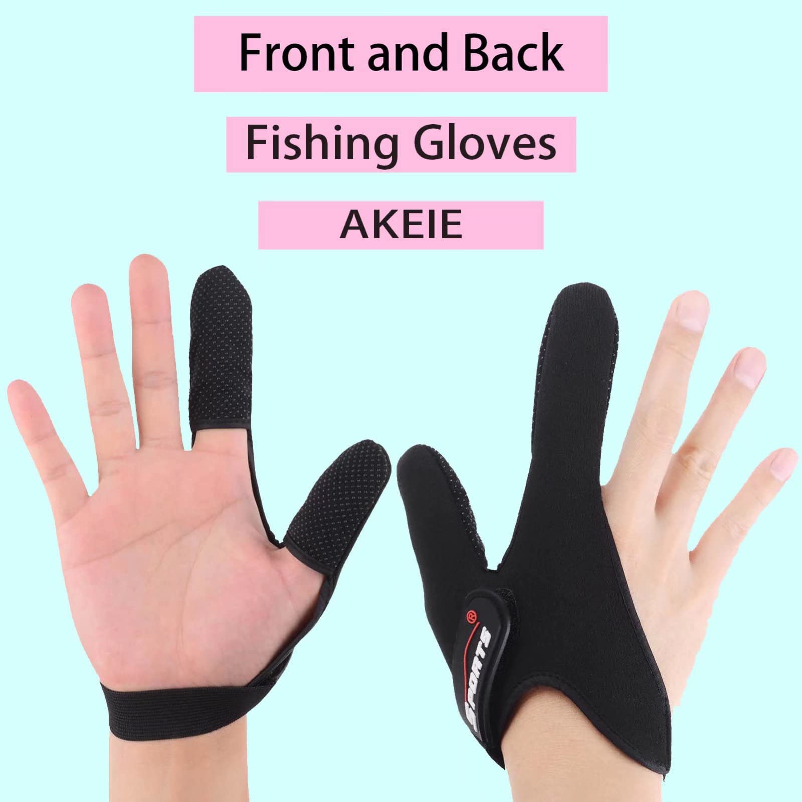 AKEIE Professional Fishing Finger Protector 2 Pack Two Gloves Anti-Slip Unisex Elastic for Outdoor with 1Pcs Rod Belt, Anti-Scratch -Black, One Size
