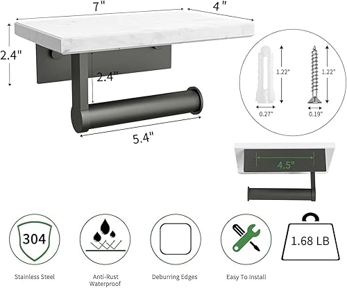 Miniatura 10 de DAYELIVE - Soporte de papel higiénico dorado cepillado con estante de mármol, soporte de papel higiénico montado en la pared de acero inoxidable