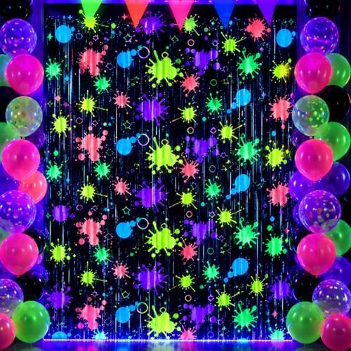 Neon Party Decorations - 3 Pcs Glow Blacklight Foil Fringe Curtain, Neon Splatter Tinsel Backdrop for Glow in The Dark Birthday Party, Neon Birthday Party Decorations (2.95 x 2.3 Ft) image 4