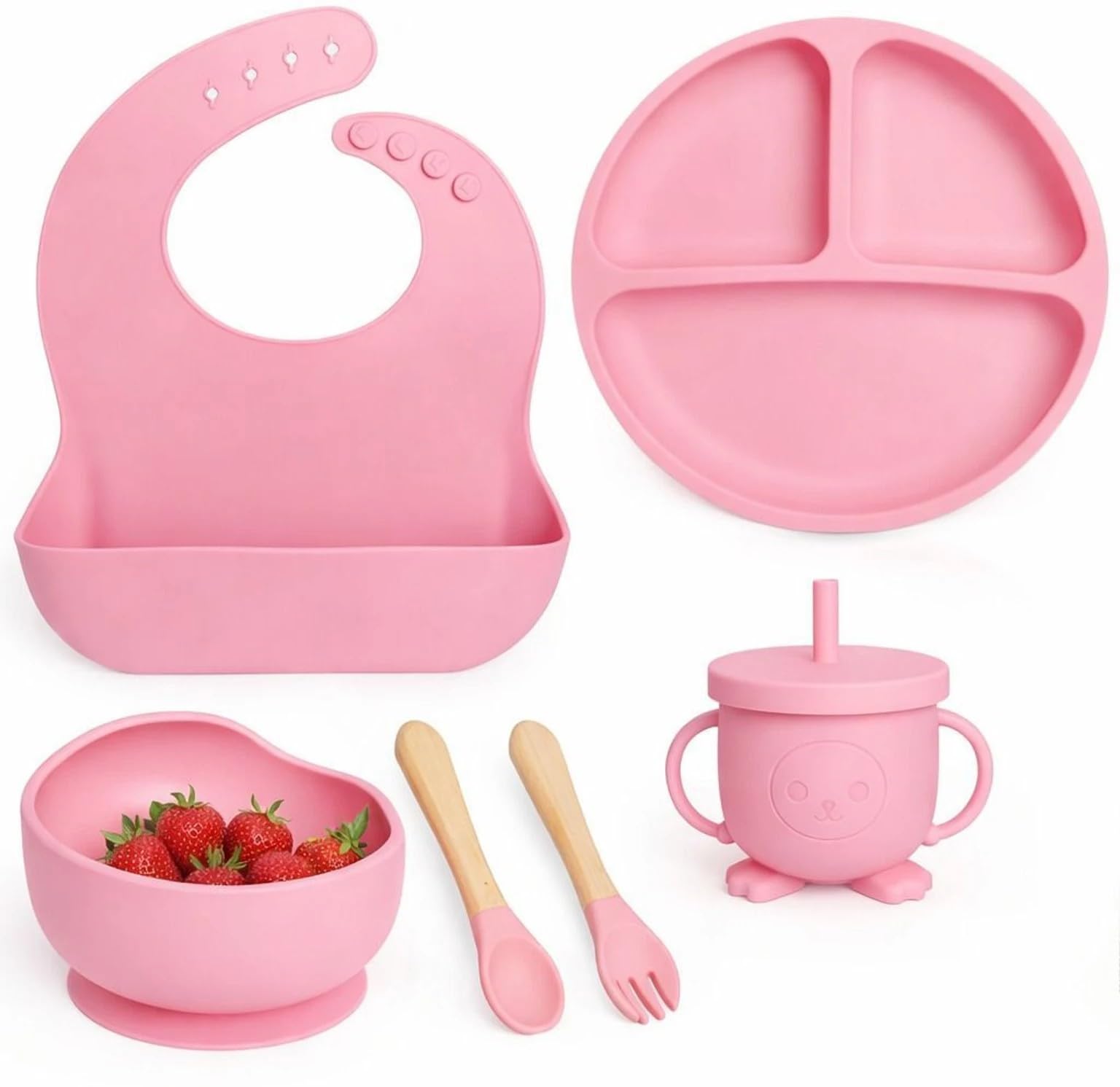 6-Piece Silicone Baby Feeding Set Non-Slip Suction Plate, Bowl, Spoon, Fork, Cup, Bib. BPA-Free, Dishwasher & Microwave Safe for Babies & Toddlers(Pink)-image-39