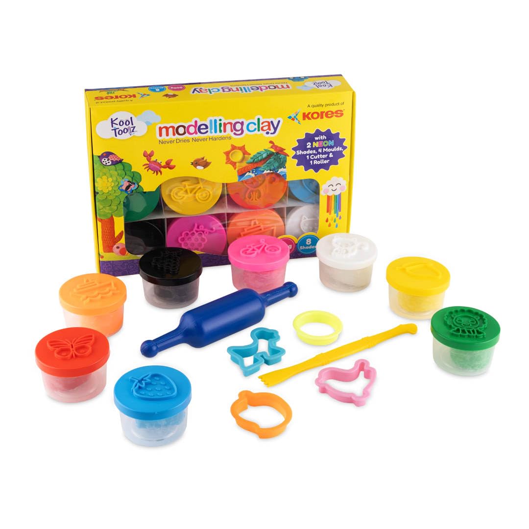 Kores Kool Toolz Modelling Clay – 200 g | 8 Vibrant Shades Including 2 Neon Colors | 4 Moulds, 1 Roller & 1 Cutter | Soft, Reusable & Non-Toxic | Ideal for Kids 3+ | Perfect Return Gift & Craft Kit-image-27
