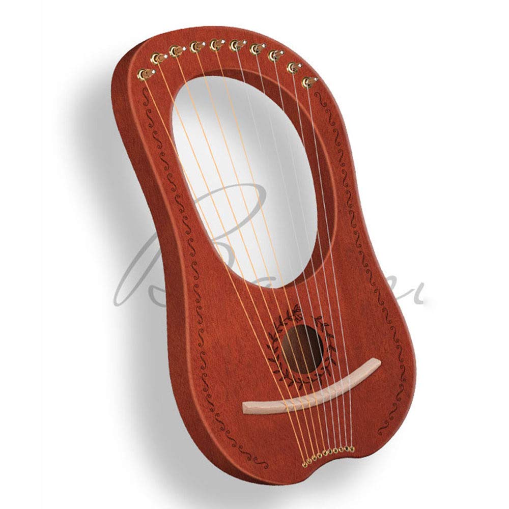 Lyre Harp 10 Strings, 10 Metal String Bone Saddle Mahogany Harp With Tuning Wrench and Black Performance Bag