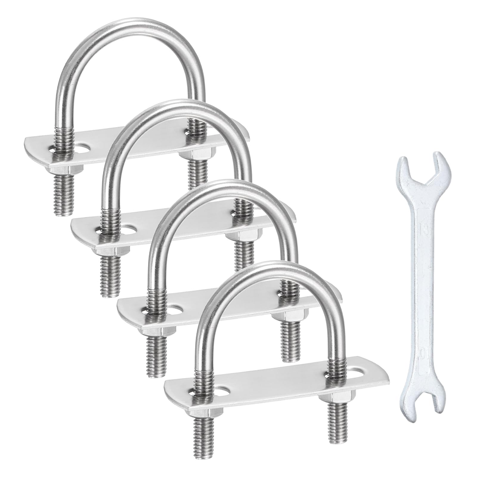 sourcing map 4Pcs M6 U-Bolts, 1.57"(40mm) Inner Width 2.32"(59mm) Length 304 Stainless Steel Round Bend U Bolts with Nuts Frame Plate Washers and Wrench for Trailers Boats Axle Sailboat — image 1