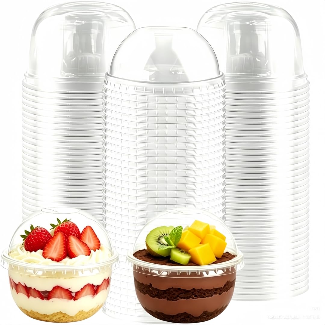 MEETOZ 50Pcs 8 oz Dessert Cups with Dome Lids,with Lids and Spoons Round Dessert Cups Set,Reusable Circular Parfait Cups, for Desserts Fruit Pudding Mousse Ice Cream Cheesecake