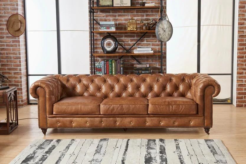 Image of Classic Leatherette Chester Sofa Set Button Tufted, Classic Style Sofa Set for Living Room, Office, and Hallway Colour (Brown Leatherette, 3 Seater Sofa)