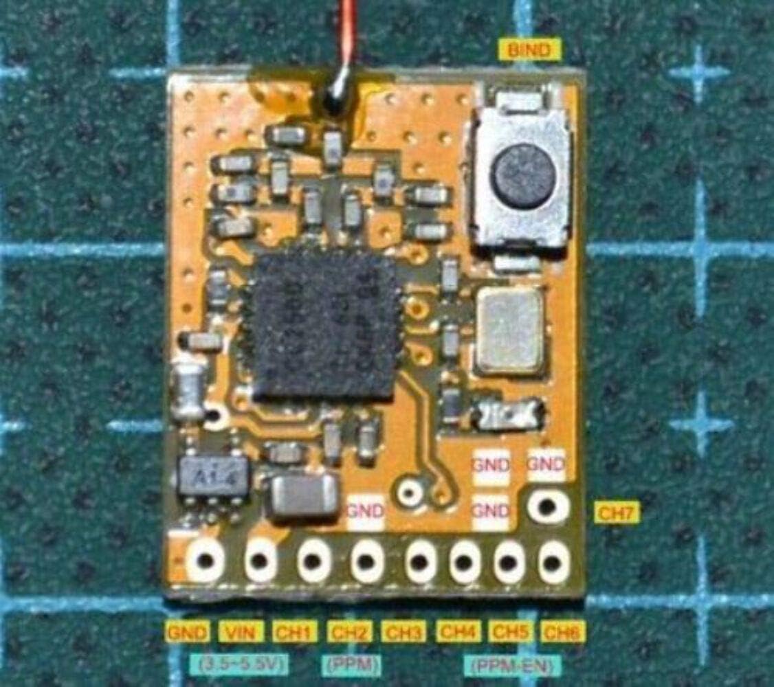 Detailed pinout diagram of the DasMikro DSK-143 receiver, showing GND, VIN, CH1-CH7, PPM, and Bind button locations.