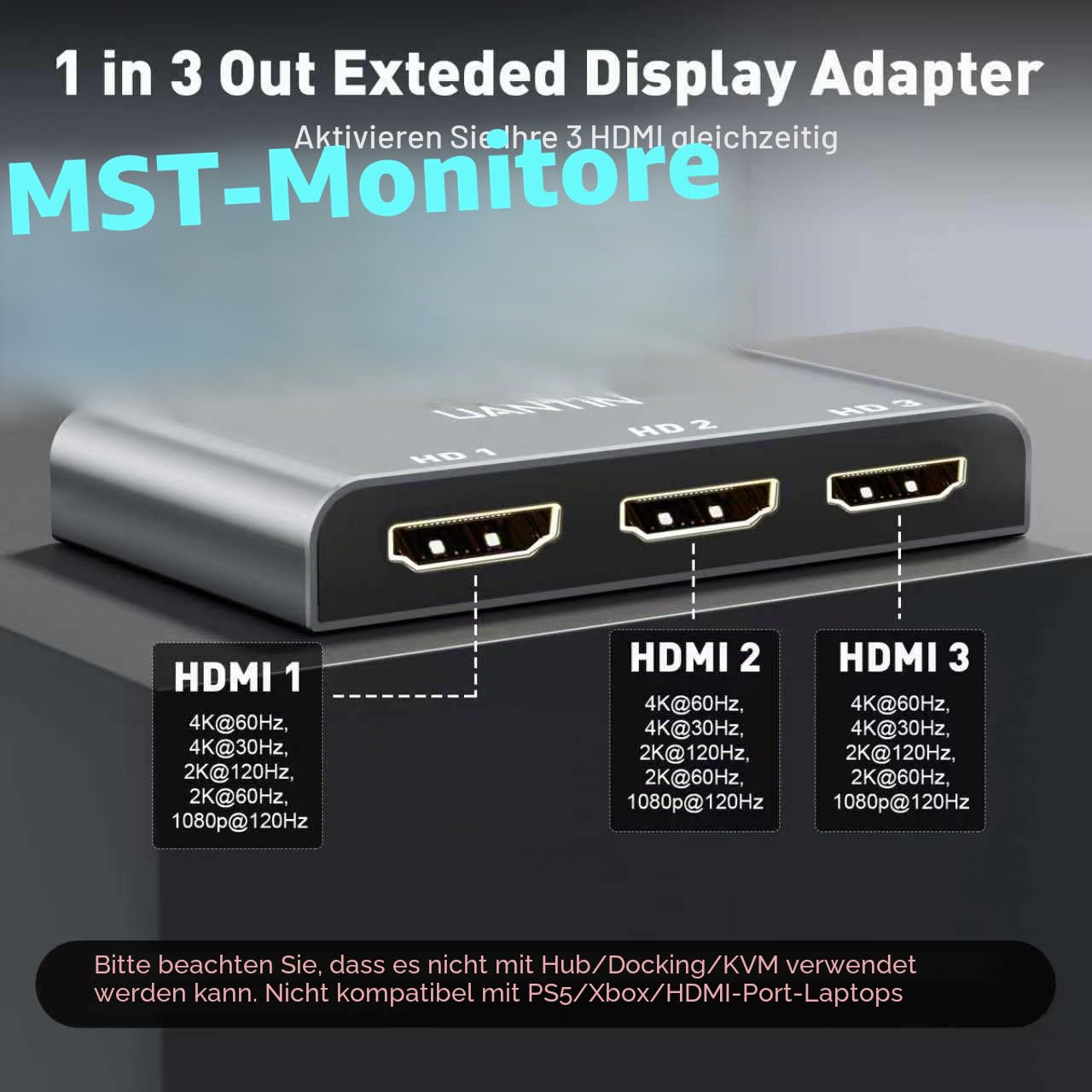 UANTIN DisplayPort auf HDMI Splitter für 3 Monitore Erweiterter Displayadapter 4K@60Hz 1 DP in 3 HDMI Out MST Hub für mehrere Monitor Display Port Kompatibel mit NVIDIA/AMD Grafikkarte