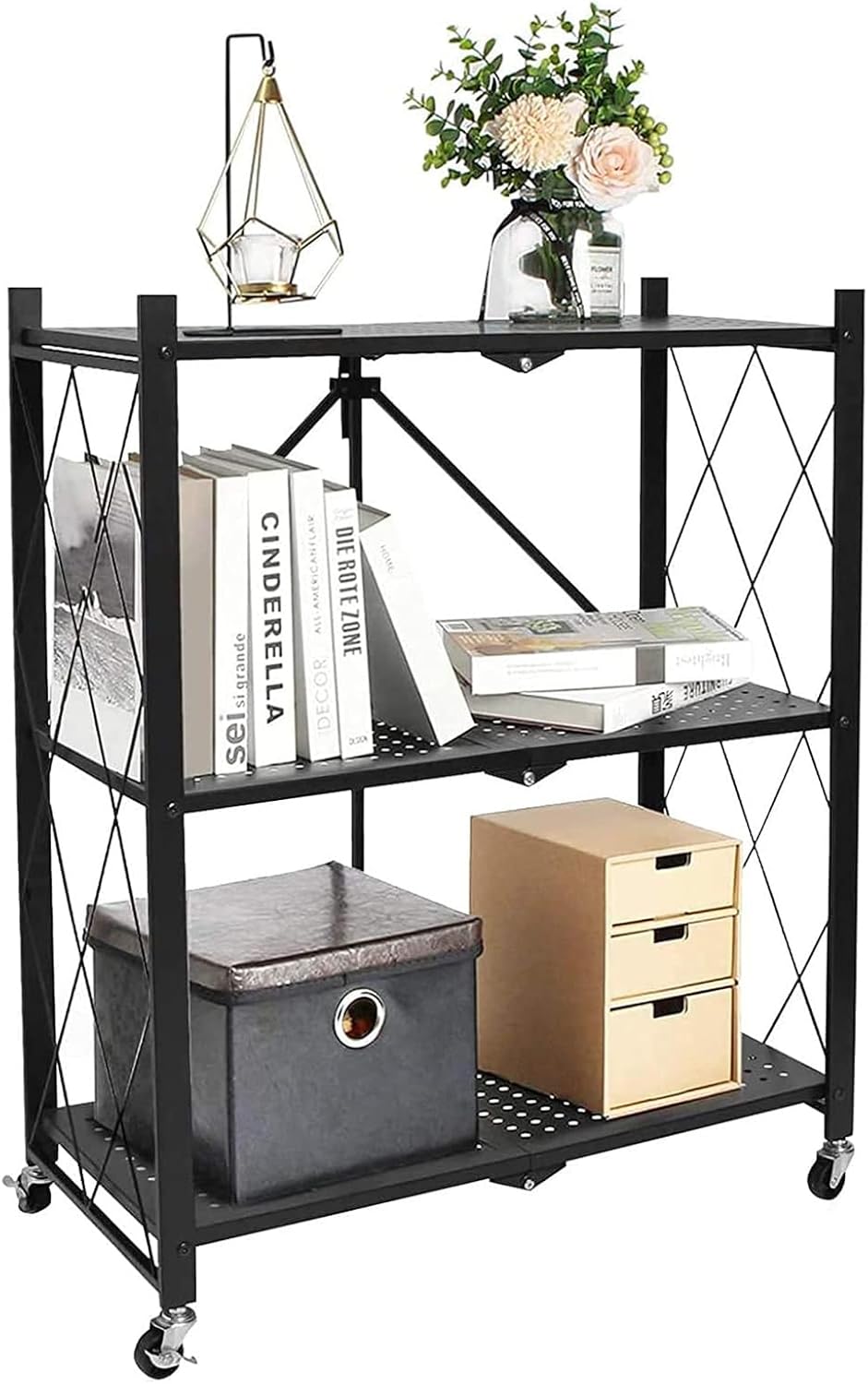 Book cartRolling Storage Utility cart Slim Organizer Shelf 3 Tier Mobile Bookshelf Metal Folding Shelf for School,Bedroom,Office,Library,Kids Room