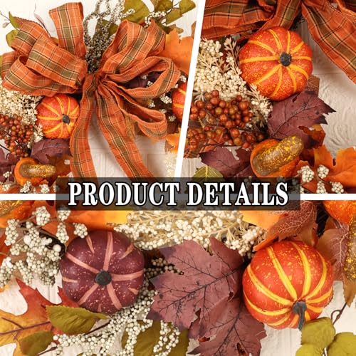 Image of 24 inch Fall Wreaths for Front Door Outside Fall Door Wreath with Pumpkin /Bow Autumn Wreath Fall Decorations for Home Decor Farmhouse Thanksgiving Harvest Halloween Outdoor Indoors Fall Front Porch