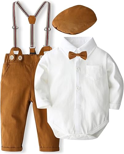 SALNIER Conjunto de ropa de traje de bebé niño esmoquin trajes de caballero trajes de corbatín camisa tirantes pantalones boina sombrero