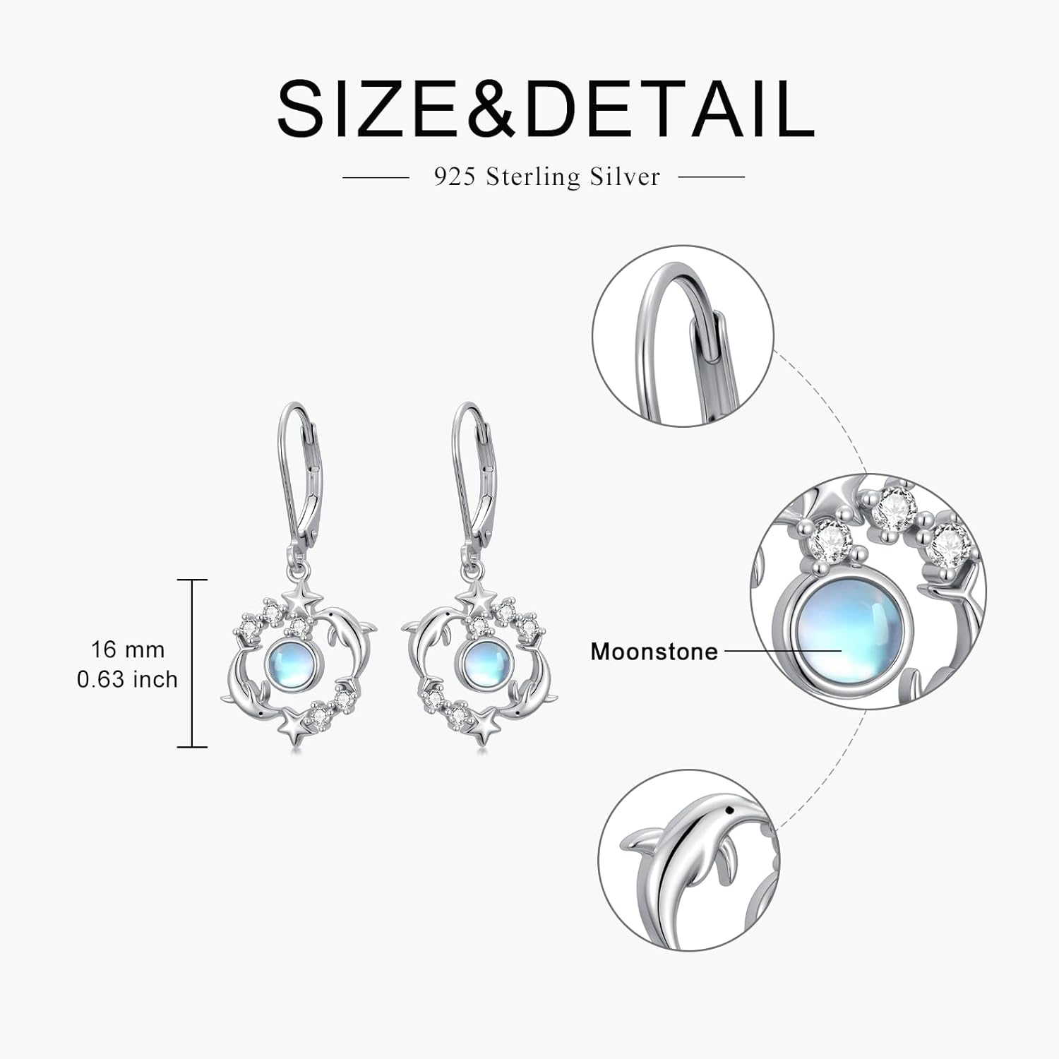 925 Sterling Silver Dolphin/Jellyfish/Shell Dangle Earrings, Mermaid Tail/Whale Ocean Animals Moonstone Earrings, Sea Animals Jewelry Gift for Women, Birthday Anniversary Mother's Day - Image 6