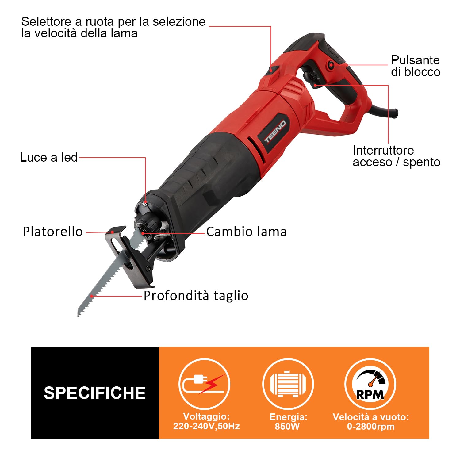 TEENO Sega a Gattuccio 850W Sega Universale Multifunzione con Luce LED, Maniglia Girevole, Velocità 0-2800SPM, con 2 lame: uno per legno, uno per metallo