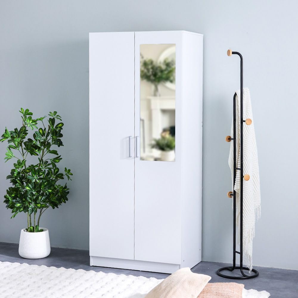 Danube Home Supreme 2 Door Wardrobe With Mirror | Extra Sturdy Closet, Clothes Storage Cupboard | Modern Design Space Saving Swing Door Cabinet For Bedroom L80xW52xH190cm - White