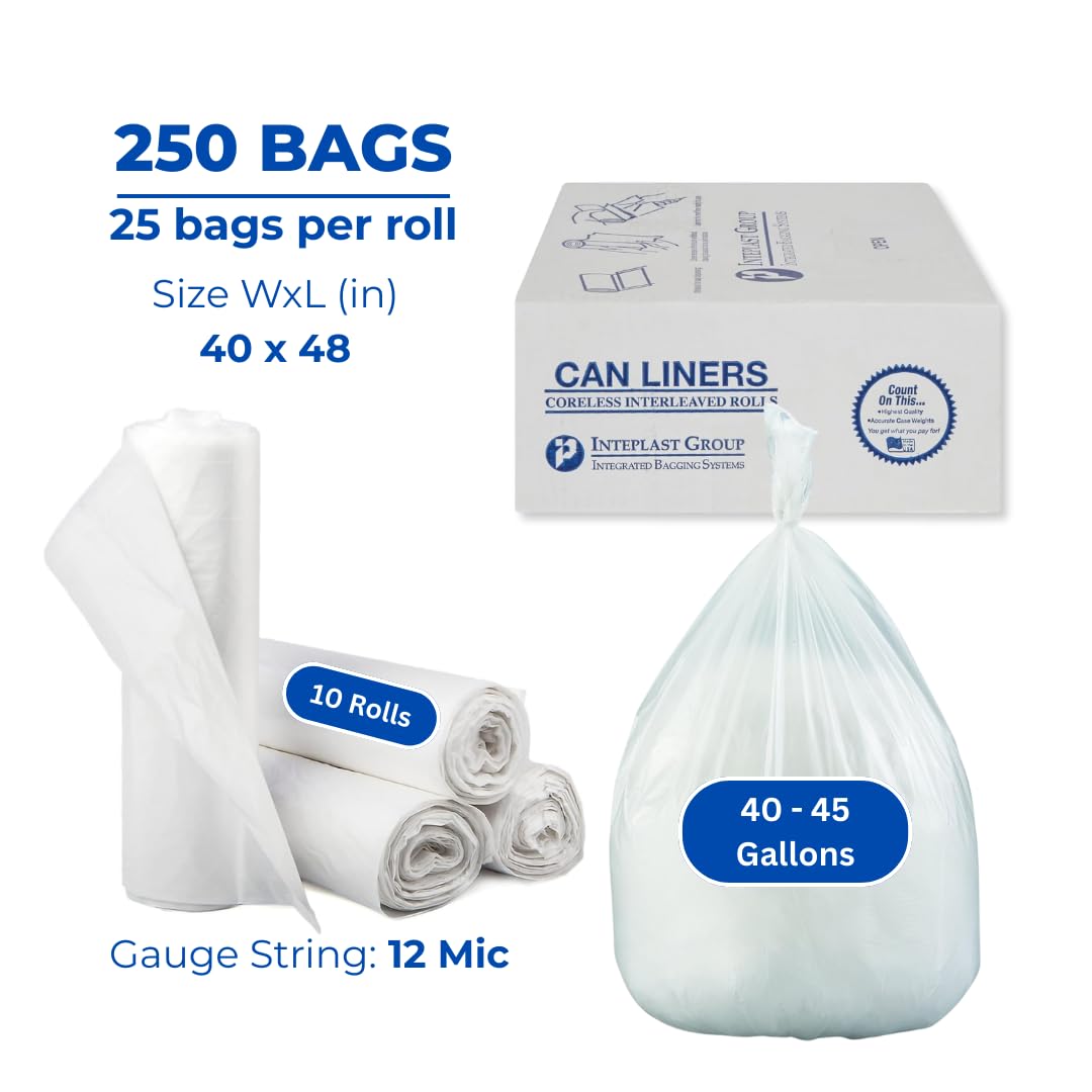 Inteplast Group S404816N 40-45 Gallon Capacity, 48" Length x 40" Width x 16 Mic Thickness, Natural Color, HDPE Commercial Coreless Institutional Trash Can Liner (Case of 10 Roll, 25 Bags per Roll)