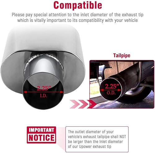 Miniatura 2 de Upower Puntas de escape de 2.25 pulgadas, entrada de 5.5 x 3 pulgadas, salida de 9 pulgadas de largo, puntas de escape rectangulares soldadas de