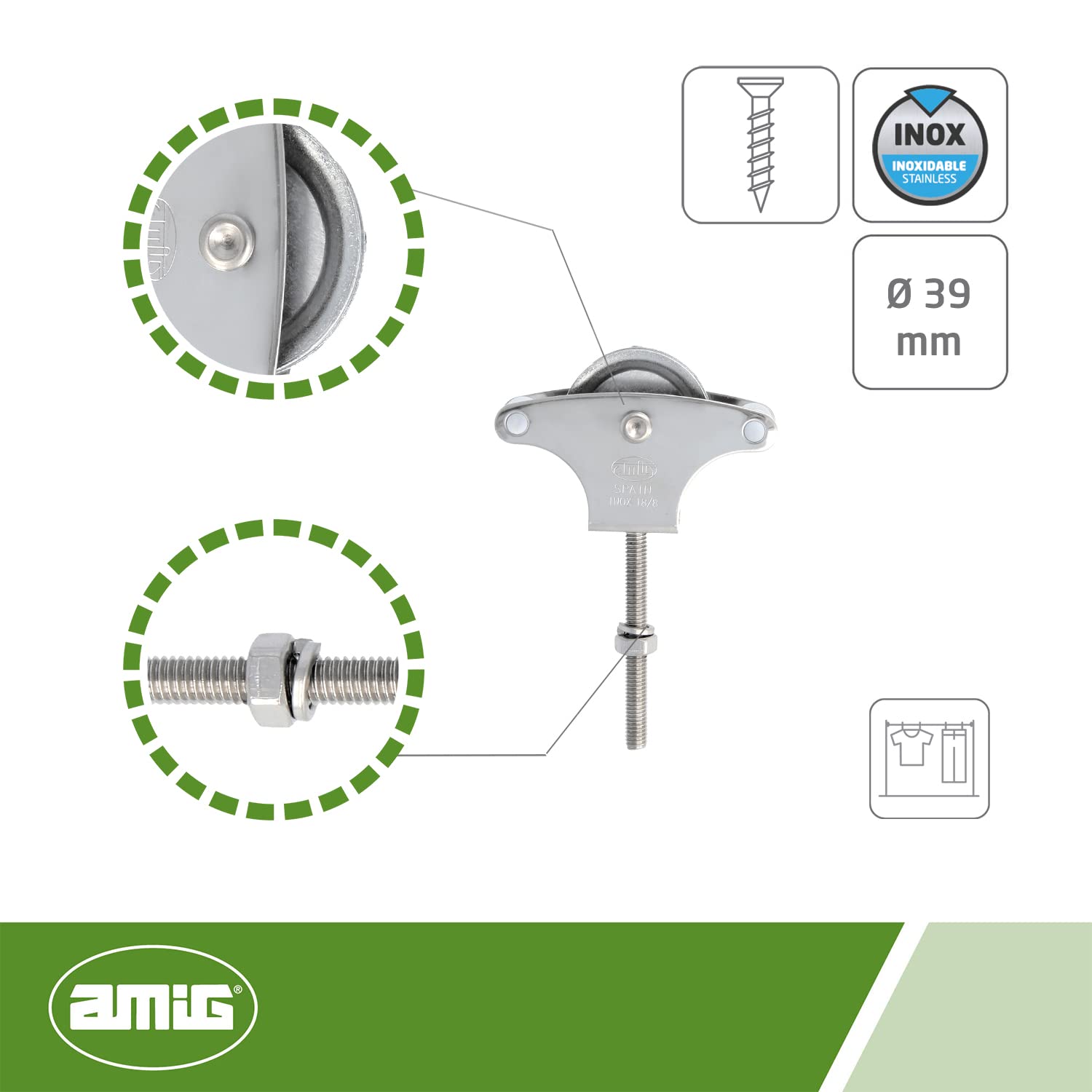 Amig - Polea con Roldana Metálica de 39 mm Mod.22 | M6 x 60 mm | Para Tendederos de Ropa | Acero Inoxidable 18/8 | Con Tornillo de Sujeción y Guías (Paquete de 6)