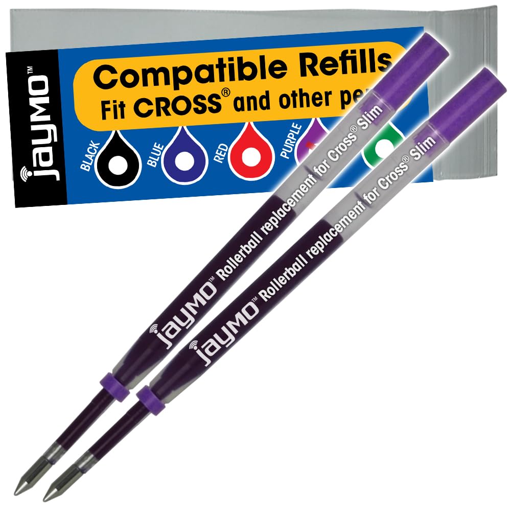 Jaymo Replacement for Cross Slim 8910 - Measures 4 in / 102 mm Long - Gel Rolling Ball Pen Refill - 2 Purple