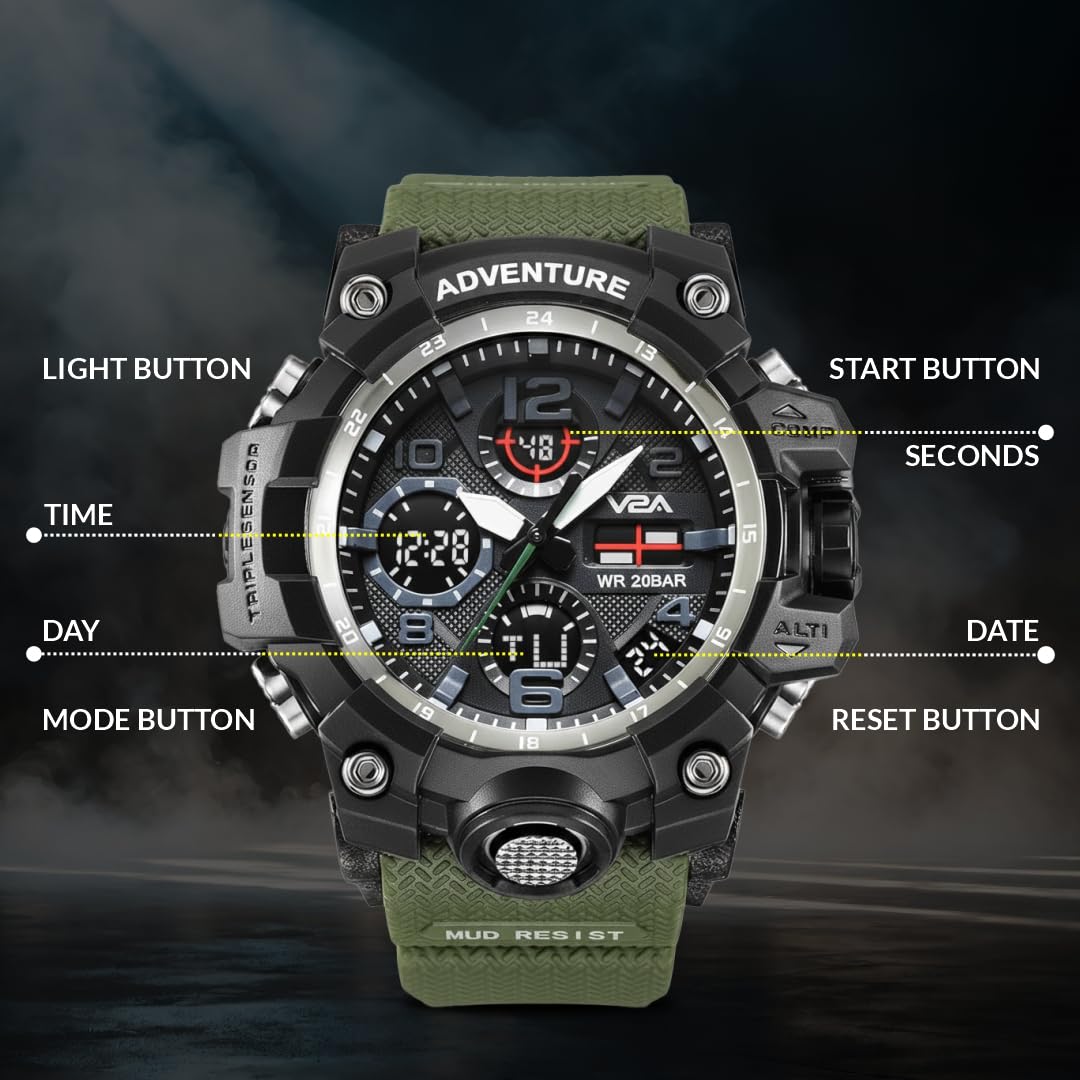 V2A Resin Military Green Chronograph Analogue And Digital Sports Watch For Men And Boys (Army Green), Black Dial, Black Band 1